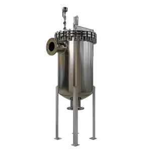 VEXO X-POT HFHP, a tall, polished stainless steel high-flow, high-pressure filtration vessel. It stands on four sturdy legs and features a large flanged side inlet. The top has a secure bolted lid with multiple access ports, sensors, and valves for monitoring and maintenance. The conical bottom design aids in efficient debris collection and discharge.
