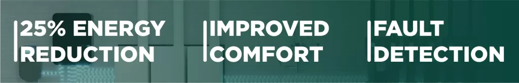 Benefits of the system including 25% energy reduction, improved comfort, and fault detection displayed over a dark gradient background